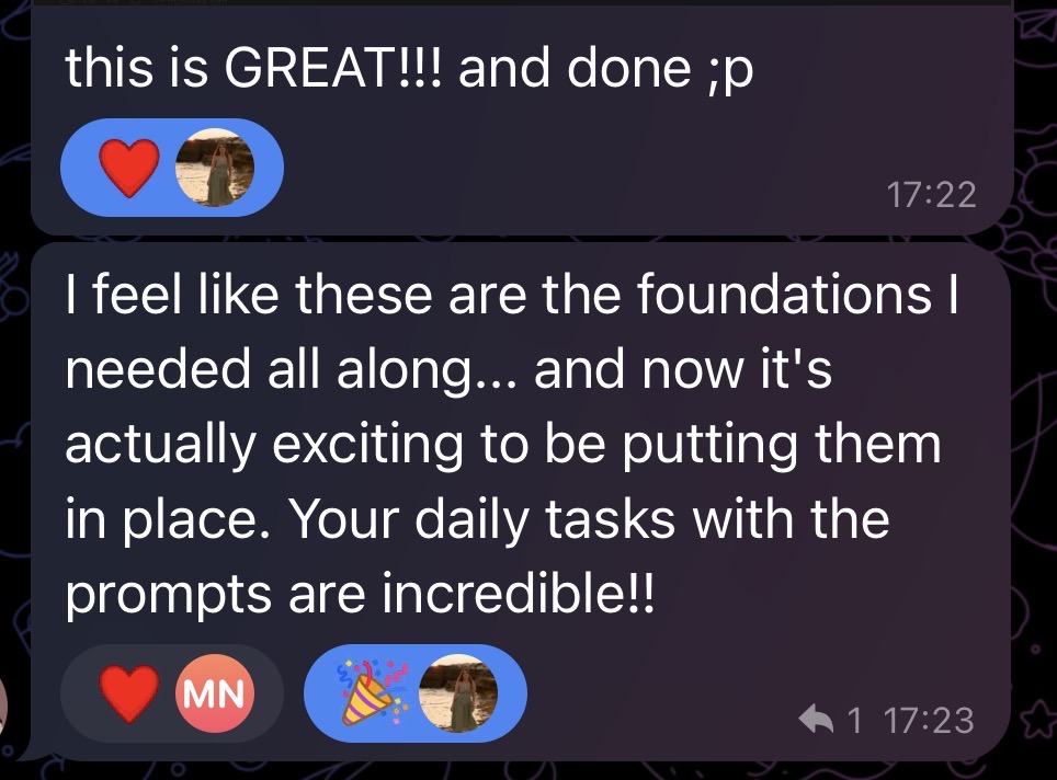 Telegram message from a participant: this is GREAT!!! and done ;p. I feel like these are the foundations I needed all along... and now it's actually exciting to be putting them in place. Your daily tasks with the prompts are incredible!!